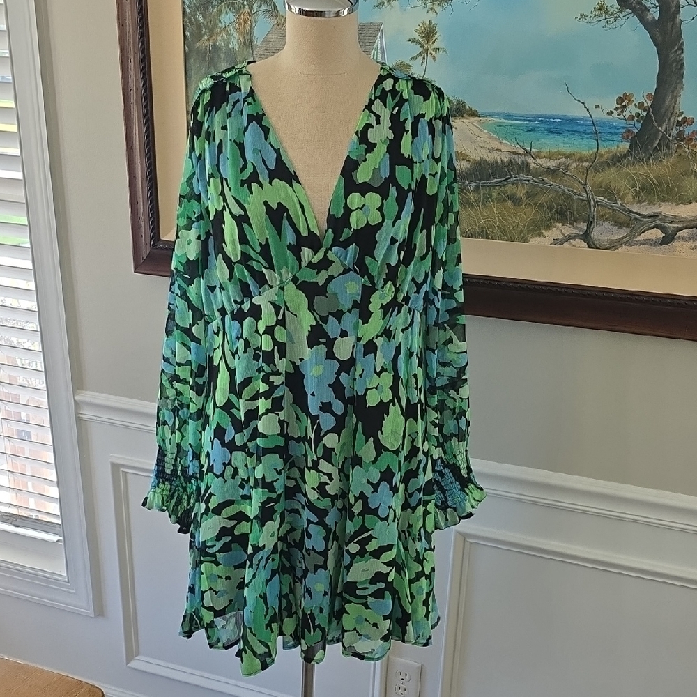 Topshop Green and Blue Floral Long Sleeve Dress